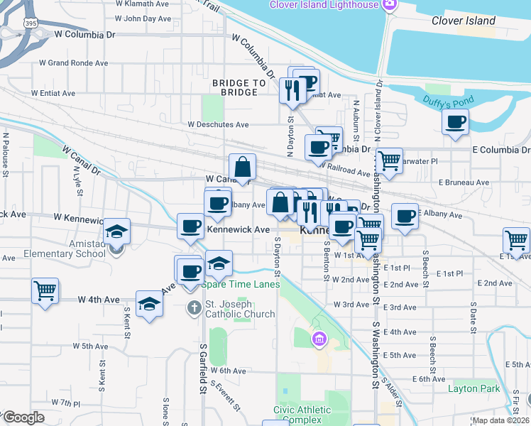 map of restaurants, bars, coffee shops, grocery stores, and more near 422 West Kennewick Avenue in Kennewick