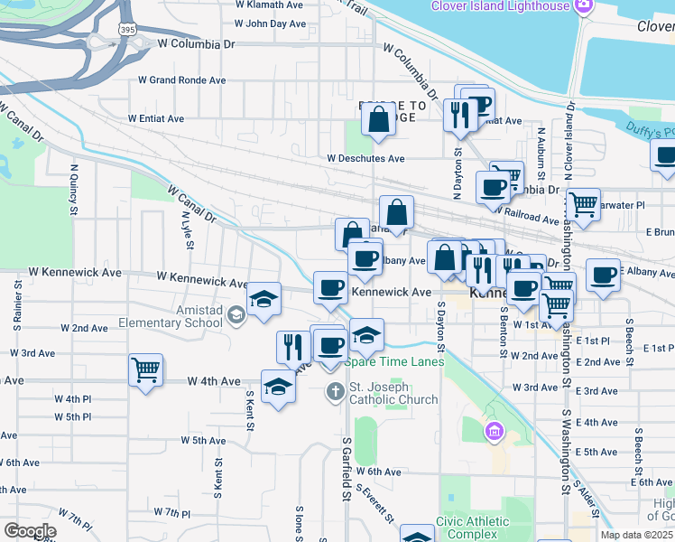 map of restaurants, bars, coffee shops, grocery stores, and more near 722 West Kennewick Avenue in Kennewick