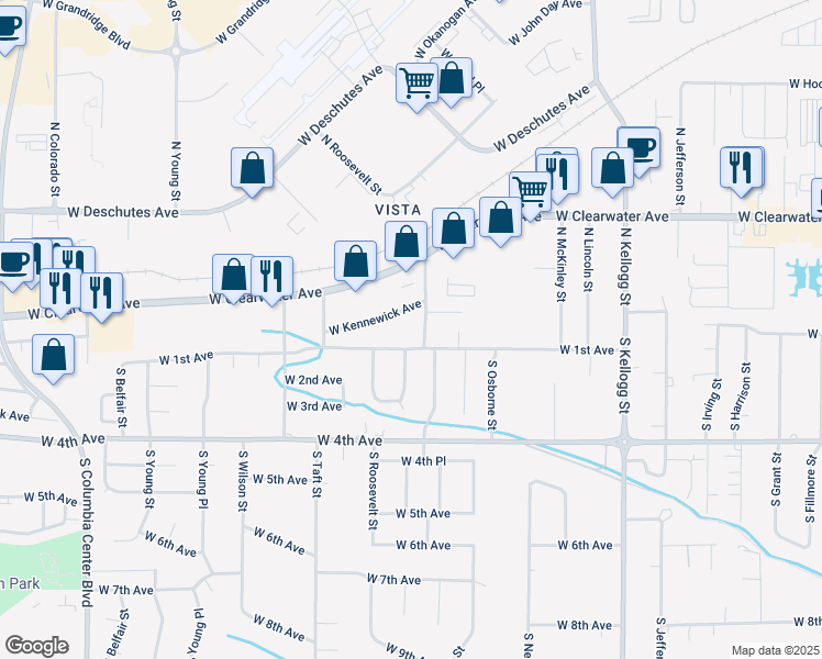 map of restaurants, bars, coffee shops, grocery stores, and more near 32 South Quay Street in Kennewick