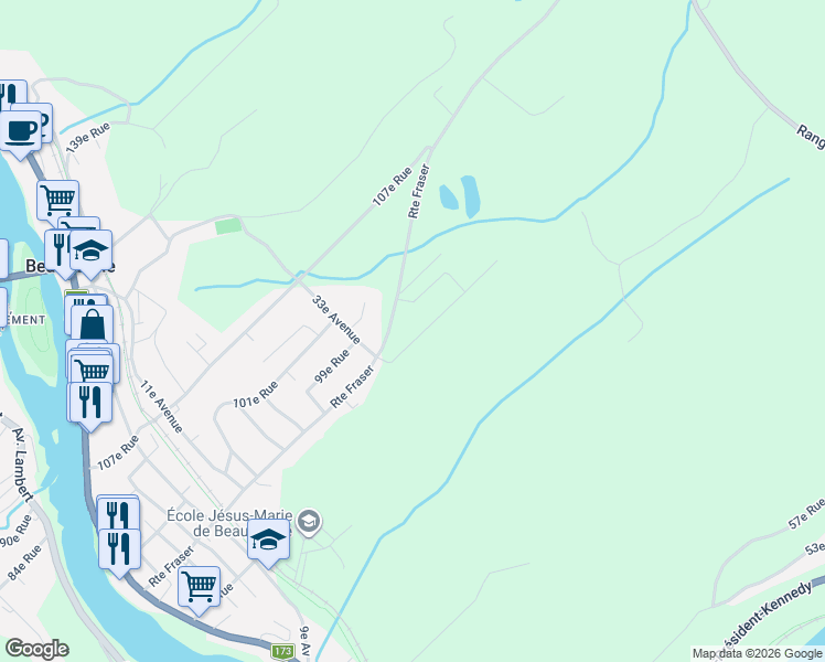 map of restaurants, bars, coffee shops, grocery stores, and more near 198 93e Rue in Beauceville