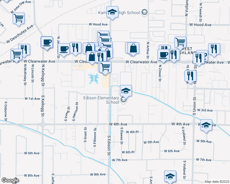 map of restaurants, bars, coffee shops, grocery stores, and more near 54 South Dawes Street in Kennewick