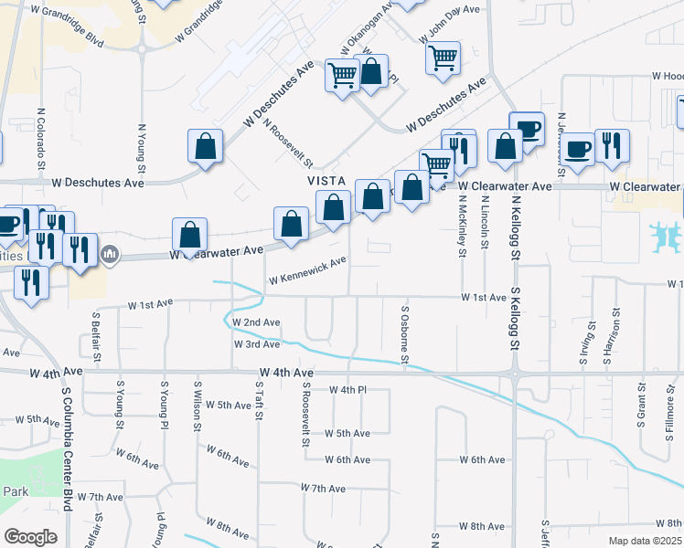 map of restaurants, bars, coffee shops, grocery stores, and more near 32 South Quay Street in Kennewick