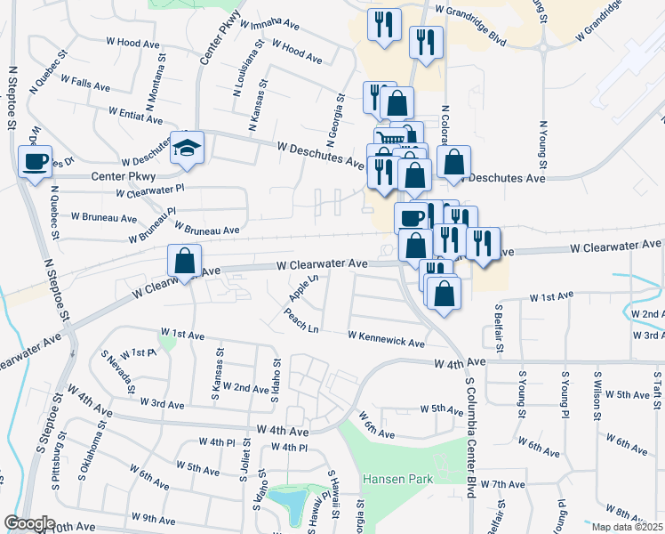 map of restaurants, bars, coffee shops, grocery stores, and more near Green Brier Dr in Kennewick