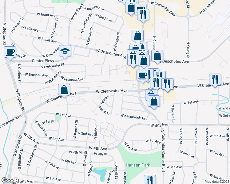 map of restaurants, bars, coffee shops, grocery stores, and more near Green Brier Dr in Kennewick