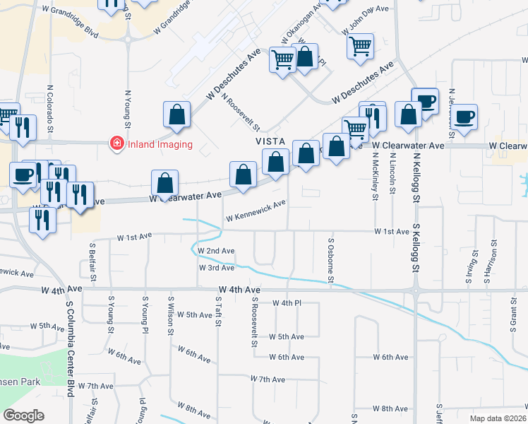 map of restaurants, bars, coffee shops, grocery stores, and more near 6818 West 1st Avenue in Kennewick