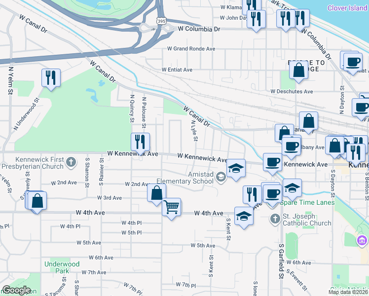 map of restaurants, bars, coffee shops, grocery stores, and more near 1219 West Kennewick Avenue in Kennewick