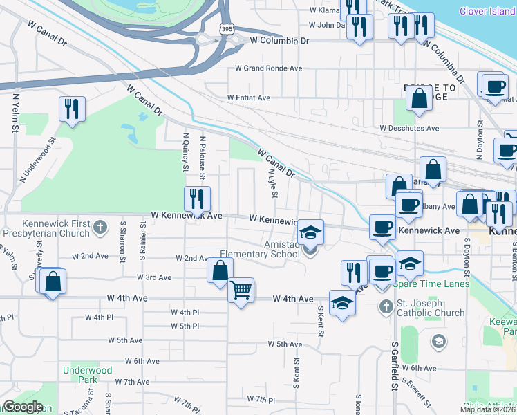 map of restaurants, bars, coffee shops, grocery stores, and more near 1219 West Kennewick Avenue in Kennewick
