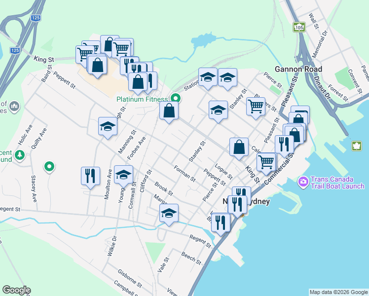 map of restaurants, bars, coffee shops, grocery stores, and more near in North Sydney