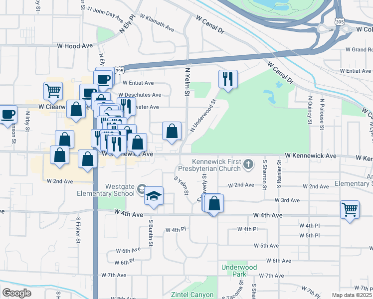 map of restaurants, bars, coffee shops, grocery stores, and more near 2310 West 1st Avenue in Kennewick