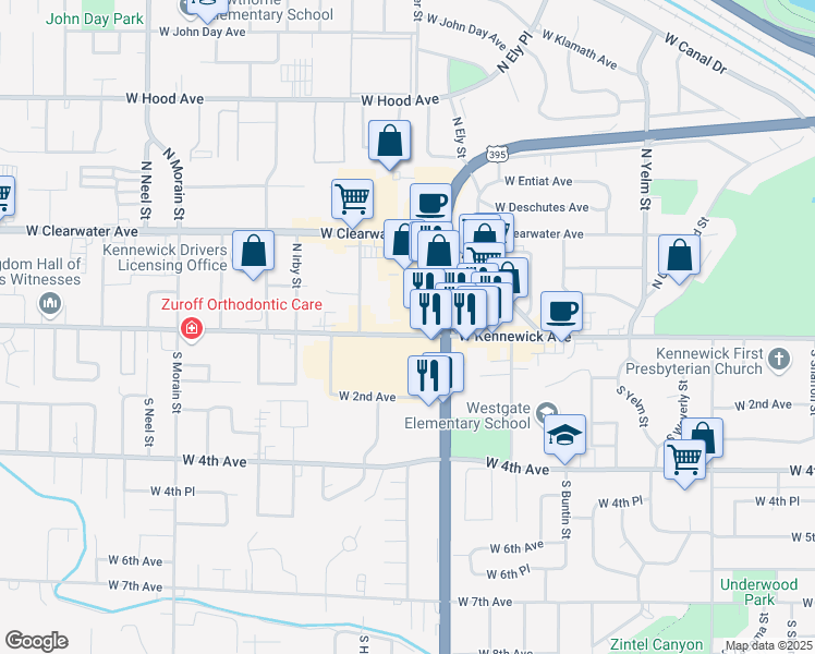 map of restaurants, bars, coffee shops, grocery stores, and more near 2801 W Kennewick Ave in Kennewick