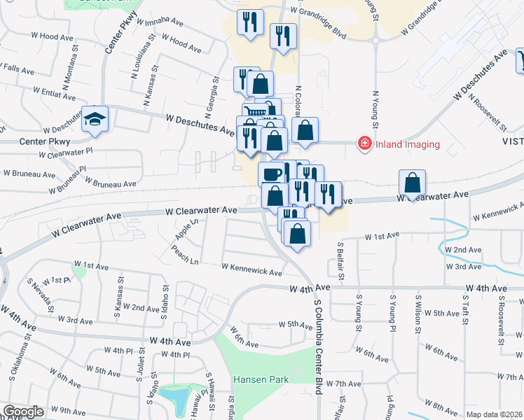 map of restaurants, bars, coffee shops, grocery stores, and more near 7801 West Clearwater Avenue in Kennewick