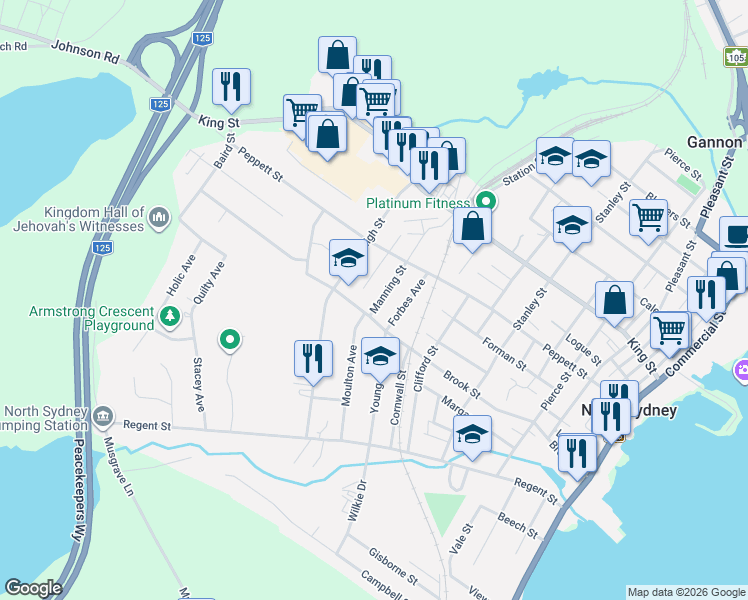 map of restaurants, bars, coffee shops, grocery stores, and more near 39 Moulton Avenue in North Sydney