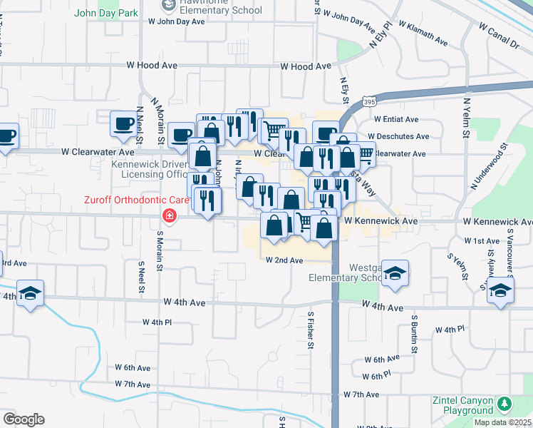 map of restaurants, bars, coffee shops, grocery stores, and more near 115 North Huntington Street in Kennewick