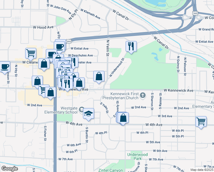 map of restaurants, bars, coffee shops, grocery stores, and more near 89 North Waverly Place in Kennewick