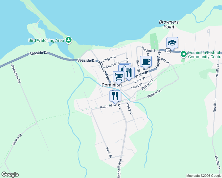 map of restaurants, bars, coffee shops, grocery stores, and more near 94 Mitchell Avenue in Dominion