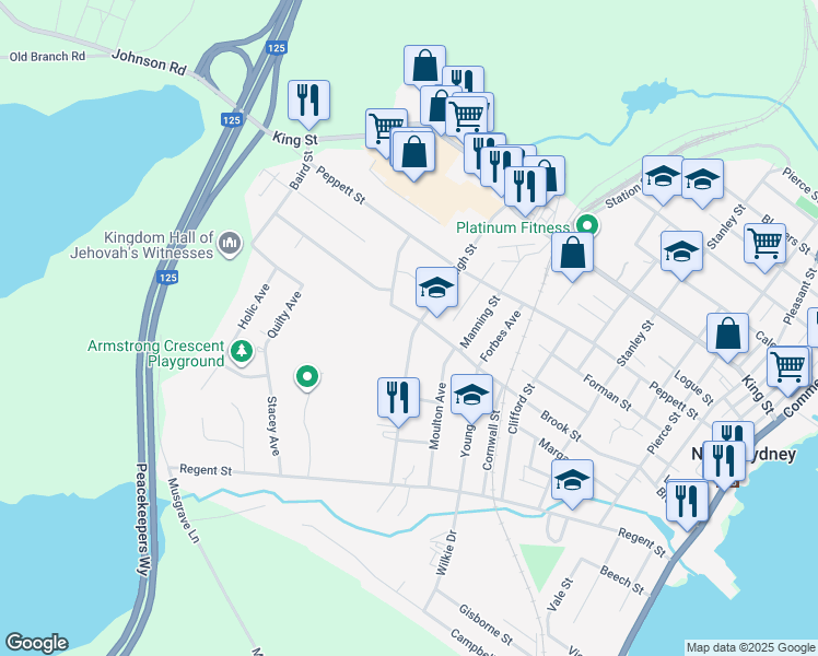 map of restaurants, bars, coffee shops, grocery stores, and more near 137 Brooks Street in Sydney