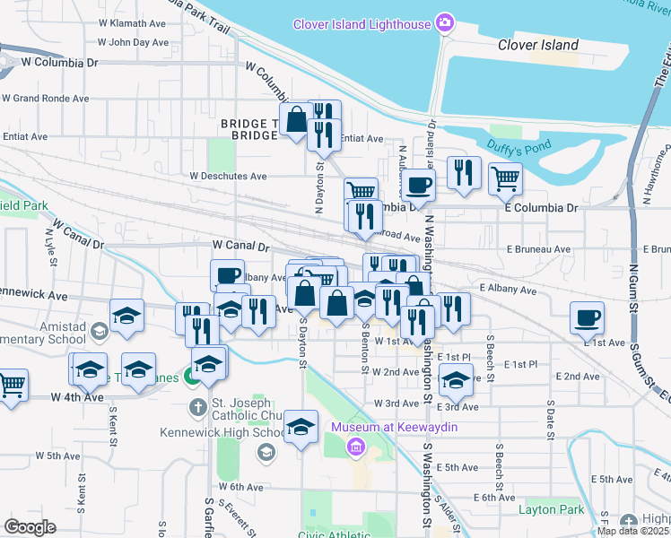 map of restaurants, bars, coffee shops, grocery stores, and more near 200-298 W Canal Dr in Kennewick