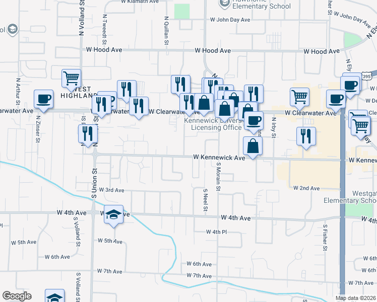 map of restaurants, bars, coffee shops, grocery stores, and more near 3826 West Kennewick Avenue in Kennewick
