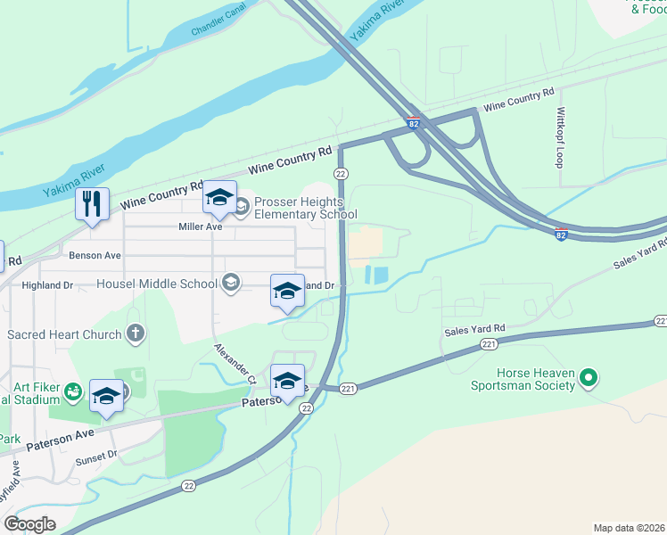 map of restaurants, bars, coffee shops, grocery stores, and more near 606 Eastgate Drive in Prosser