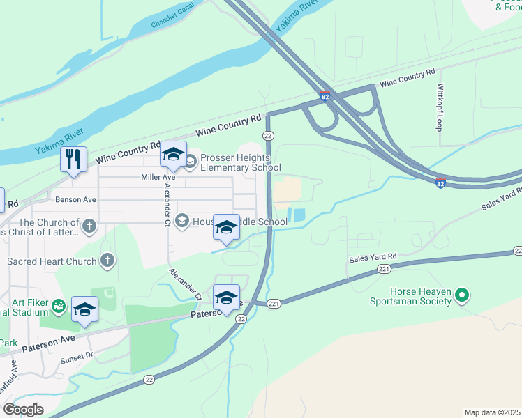 map of restaurants, bars, coffee shops, grocery stores, and more near 606 Eastgate Drive in Prosser