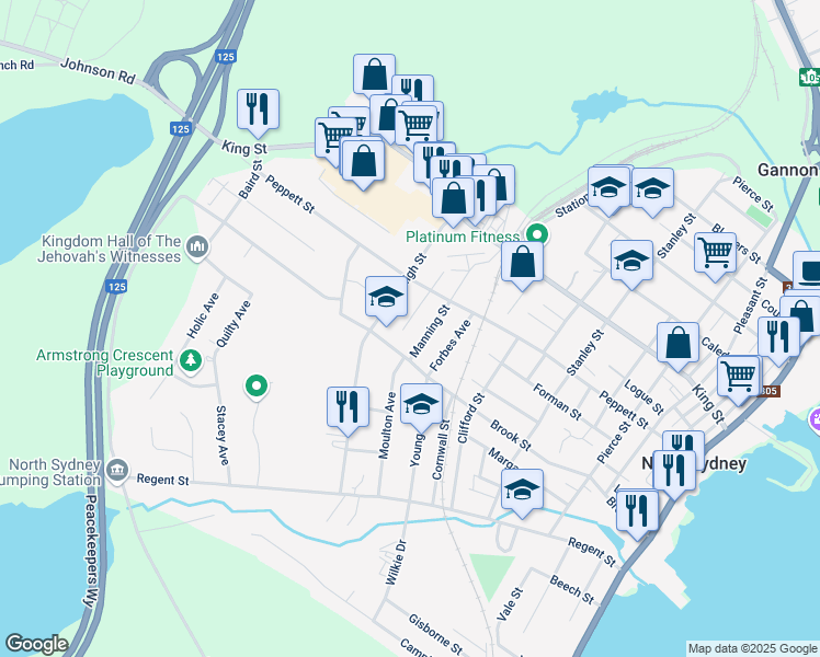 map of restaurants, bars, coffee shops, grocery stores, and more near 65 High Street in North Sydney