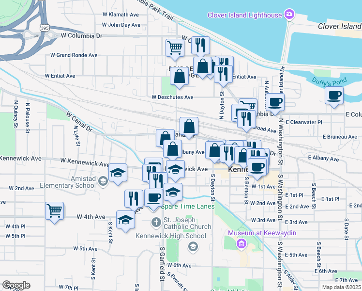 map of restaurants, bars, coffee shops, grocery stores, and more near 501 West Canal Drive in Kennewick