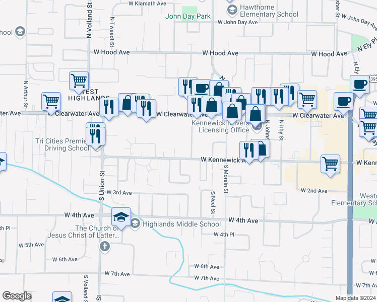 map of restaurants, bars, coffee shops, grocery stores, and more near 17 North Perry Street in Kennewick