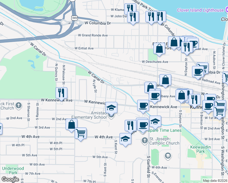map of restaurants, bars, coffee shops, grocery stores, and more near 40 N Kent St in Kennewick