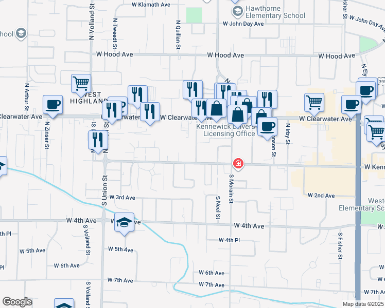 map of restaurants, bars, coffee shops, grocery stores, and more near 19 North Perry Street in Kennewick