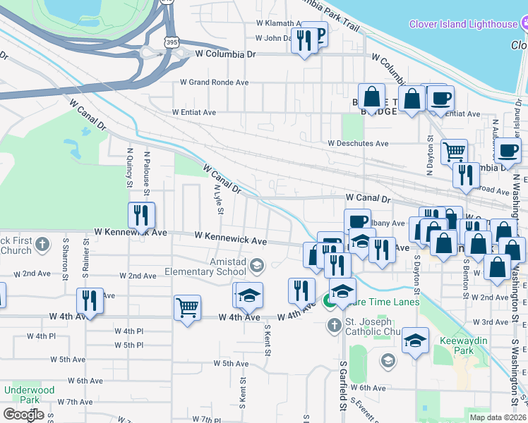 map of restaurants, bars, coffee shops, grocery stores, and more near 40 N Kent St in Kennewick
