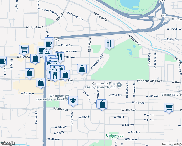map of restaurants, bars, coffee shops, grocery stores, and more near 89 North Waverly Place in Kennewick