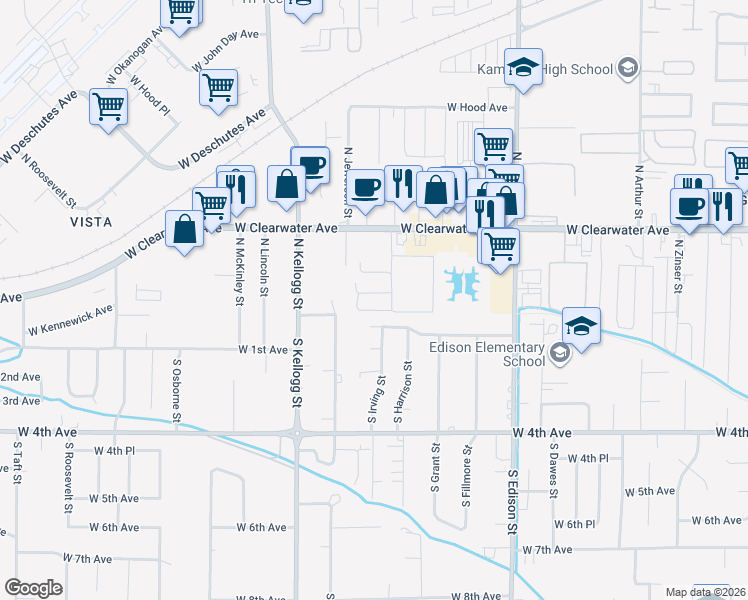 map of restaurants, bars, coffee shops, grocery stores, and more near 5711 West Albany Place in Kennewick