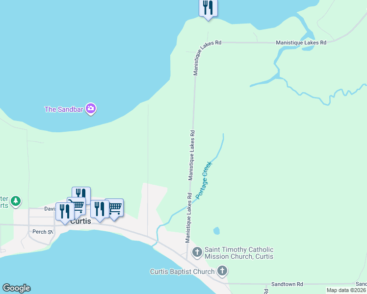 map of restaurants, bars, coffee shops, grocery stores, and more near N9340 Manistique Lakes Road in Curtis