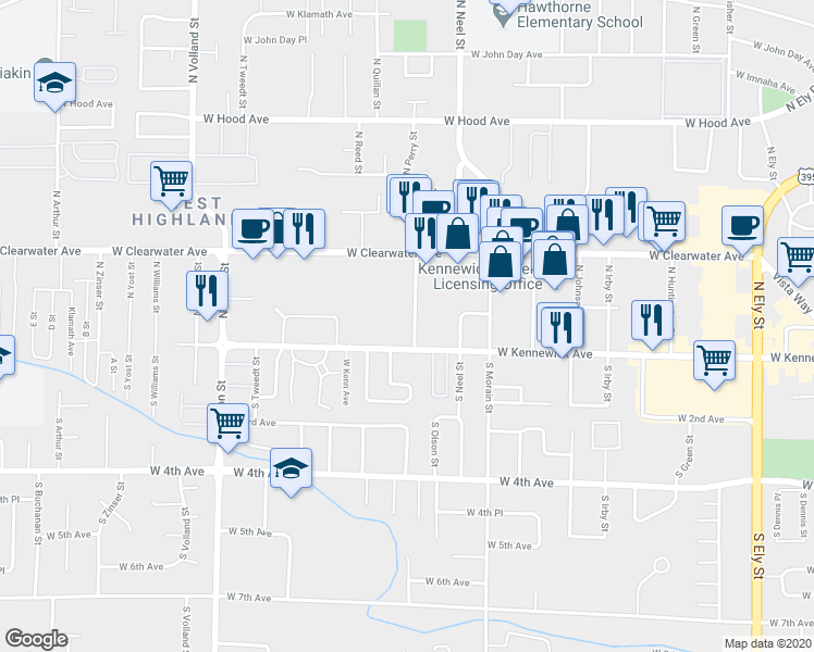 map of restaurants, bars, coffee shops, grocery stores, and more near 3910 West Kennewick Avenue in Kennewick