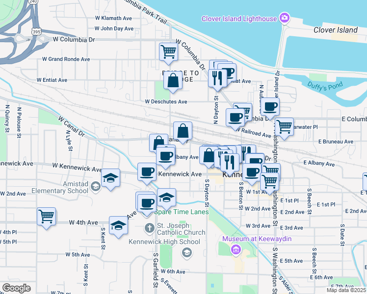 map of restaurants, bars, coffee shops, grocery stores, and more near 501 West Canal Drive in Kennewick