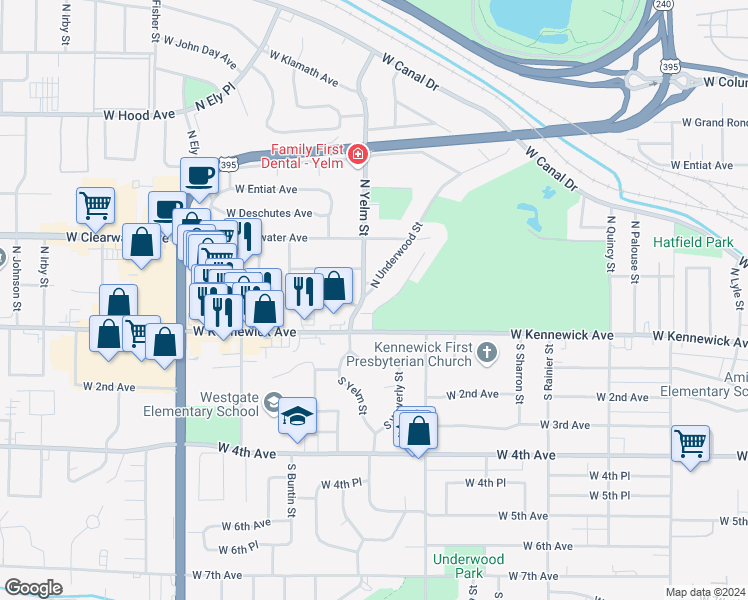 map of restaurants, bars, coffee shops, grocery stores, and more near 89 North Waverly Place in Kennewick