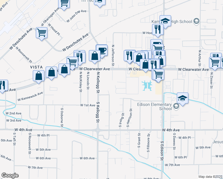 map of restaurants, bars, coffee shops, grocery stores, and more near 16 North Jefferson Street in Kennewick