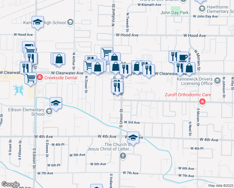 map of restaurants, bars, coffee shops, grocery stores, and more near 115 N Volland St in Kennewick