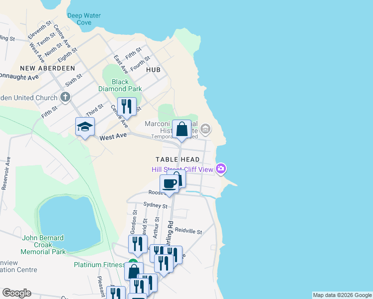 map of restaurants, bars, coffee shops, grocery stores, and more near Tennyson Street in Glace Bay