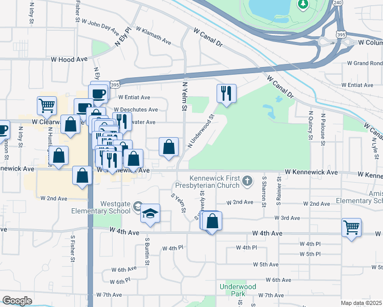 map of restaurants, bars, coffee shops, grocery stores, and more near 99 North Waverly Place in Kennewick