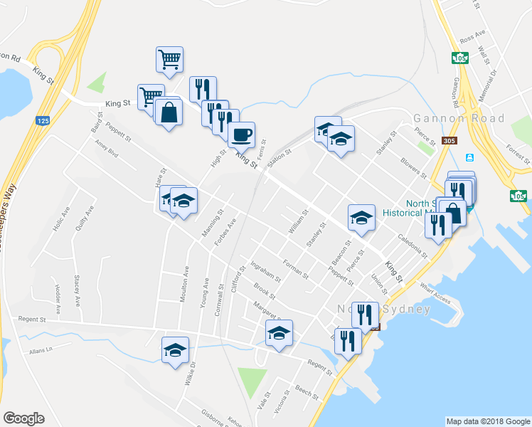 map of restaurants, bars, coffee shops, grocery stores, and more near 1 Thompson Avenue in North Sydney