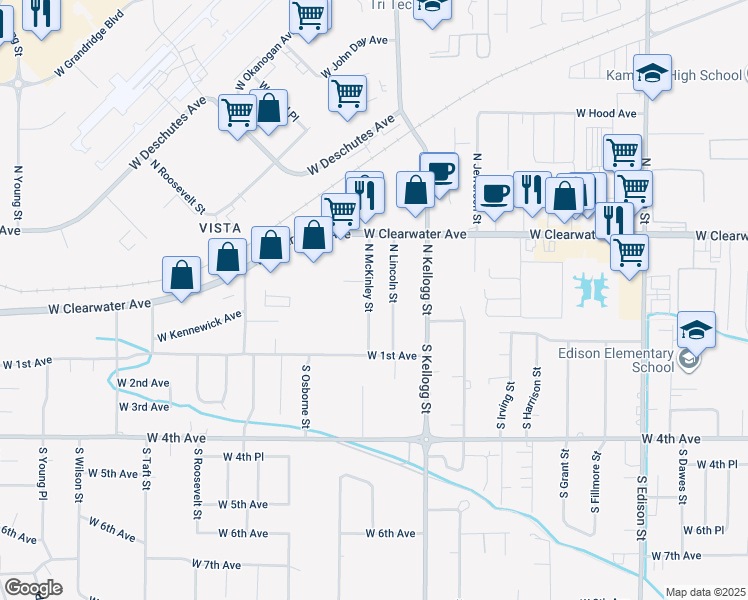 map of restaurants, bars, coffee shops, grocery stores, and more near 16 North McKinley Street in Kennewick