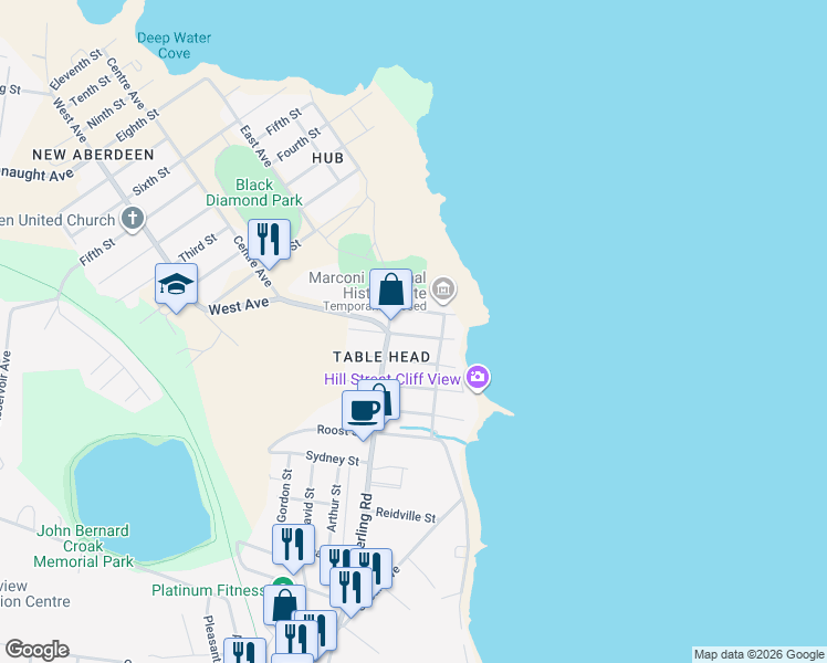 map of restaurants, bars, coffee shops, grocery stores, and more near Tennyson Street in Glace Bay