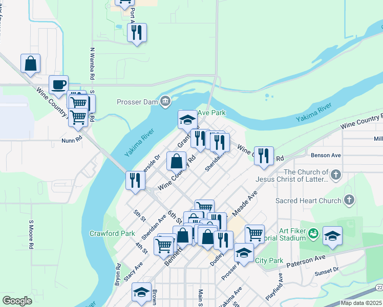 map of restaurants, bars, coffee shops, grocery stores, and more near 1420 Wine Country Road in Prosser