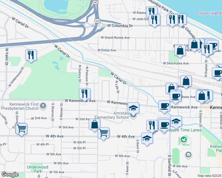 map of restaurants, bars, coffee shops, grocery stores, and more near 100 North Mayfield Street in Kennewick