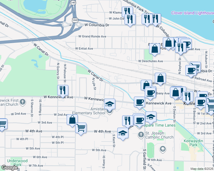 map of restaurants, bars, coffee shops, grocery stores, and more near 40 North Kent Street in Kennewick