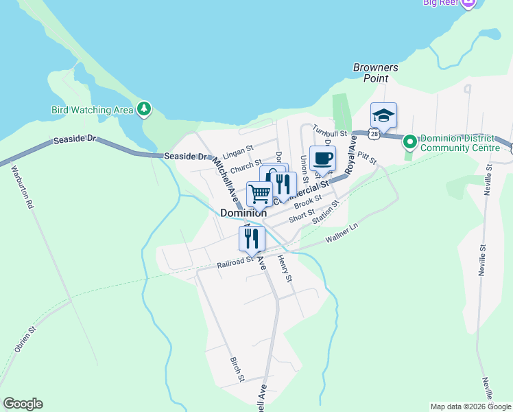 map of restaurants, bars, coffee shops, grocery stores, and more near in Dominion