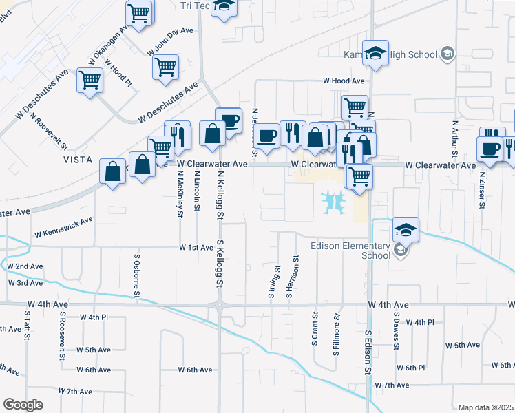 map of restaurants, bars, coffee shops, grocery stores, and more near 16 North Jefferson Street in Kennewick