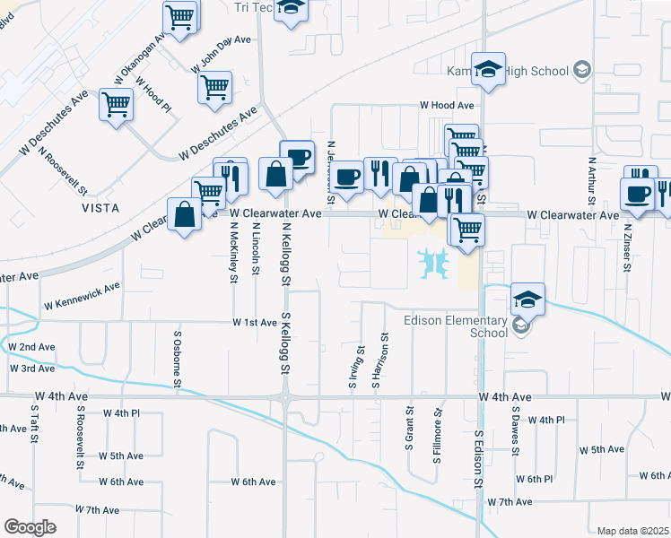 map of restaurants, bars, coffee shops, grocery stores, and more near 16 North Jefferson Street in Kennewick