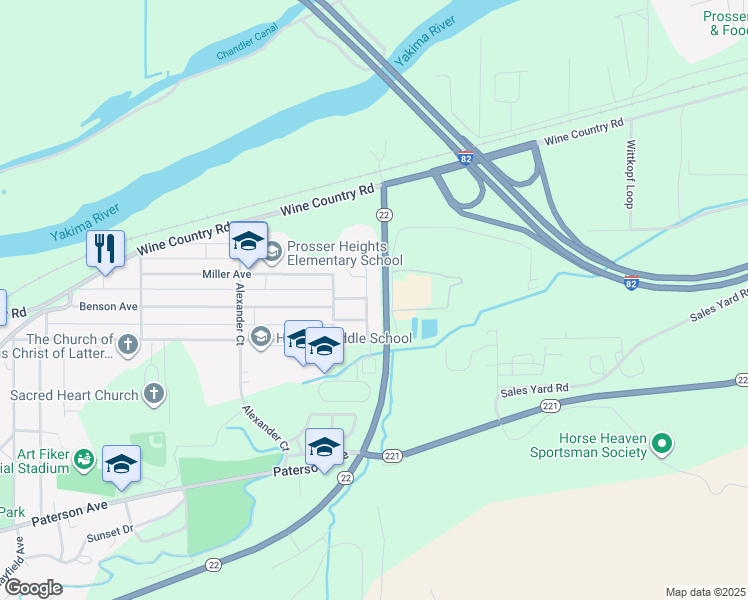 map of restaurants, bars, coffee shops, grocery stores, and more near 606 Eastgate Drive in Prosser